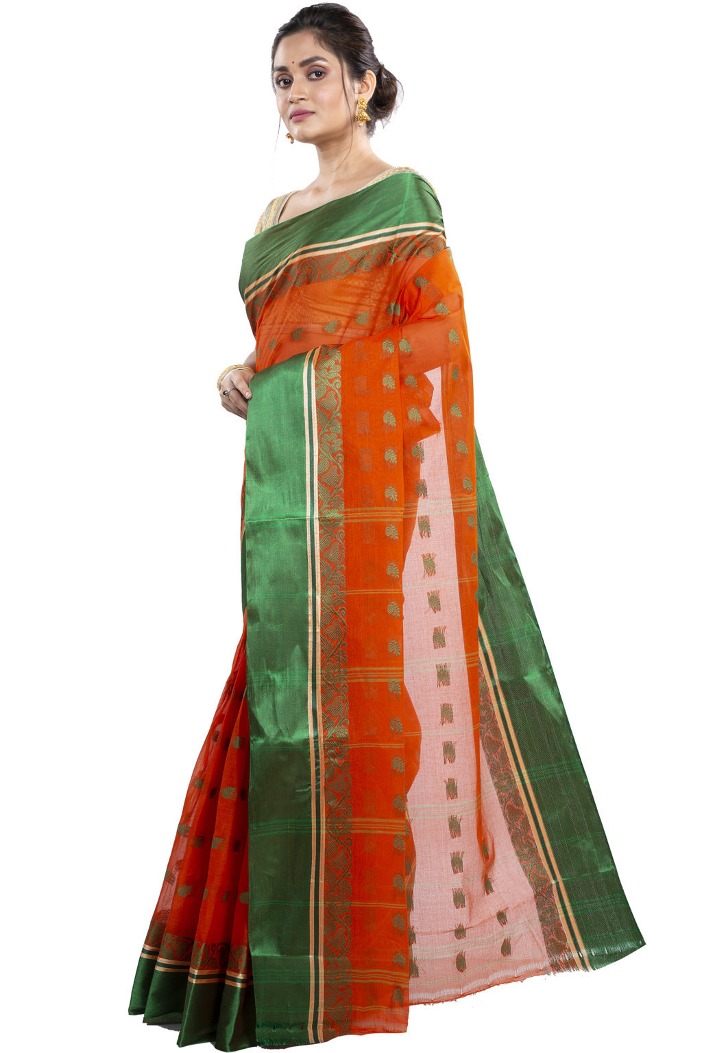 Orange Green Pure Cotton Sukla_Velvet Tant Saree (799)